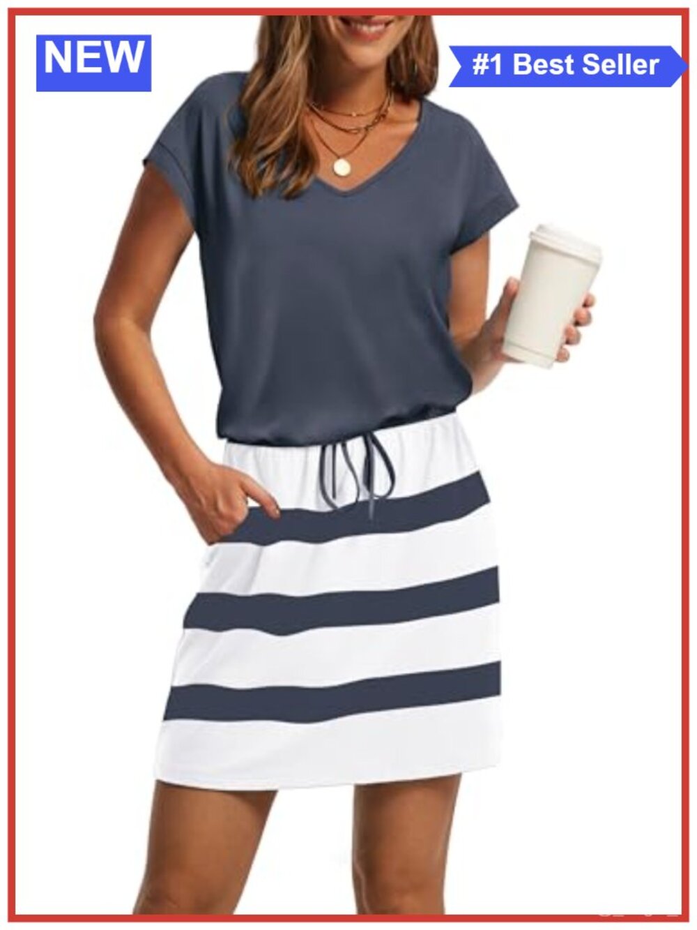 Women's V Neck T Shirt Dress Tie Waist Sundress with Pockets